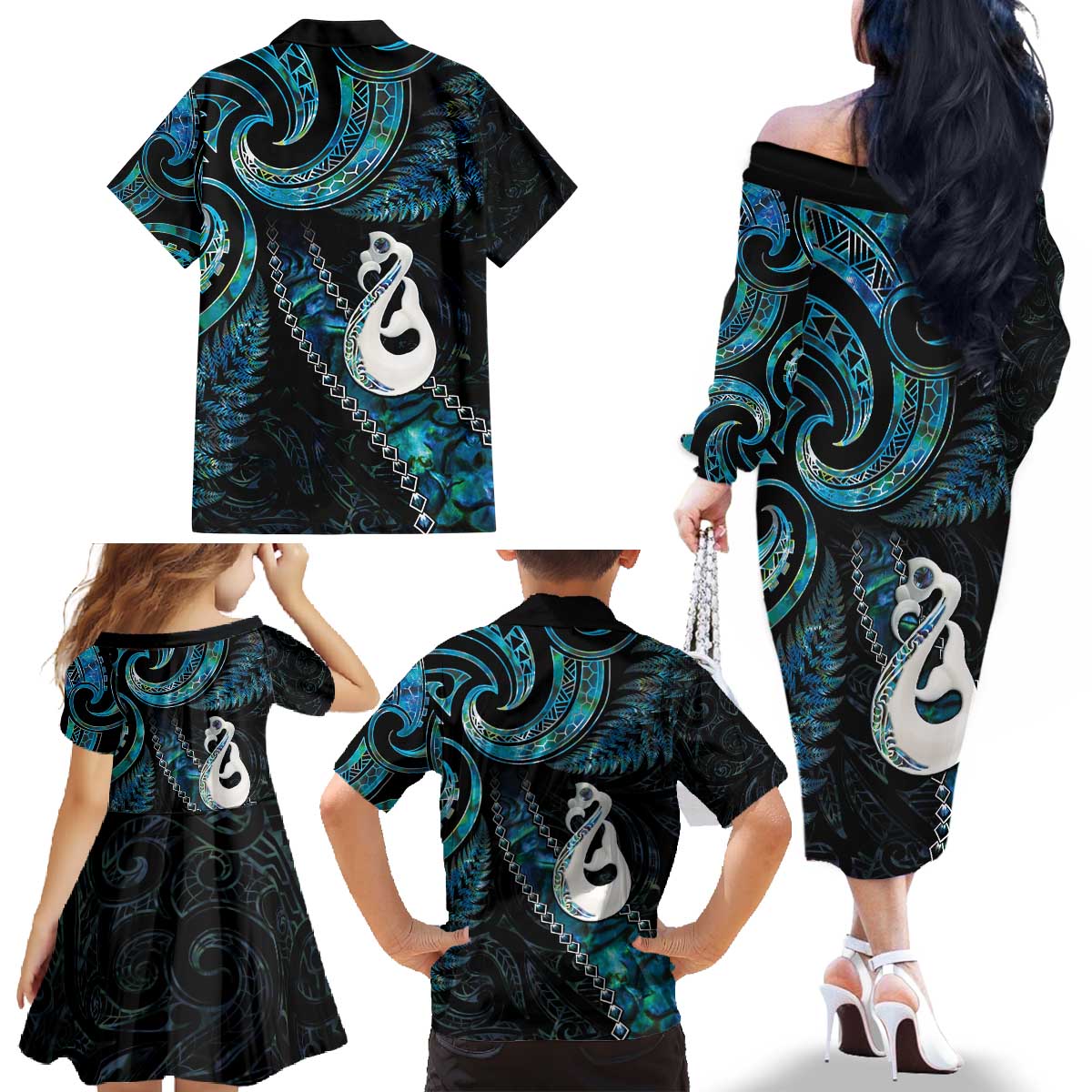 New Zealand Aotearoa Family Matching Off The Shoulder Long Sleeve Dress and Hawaiian Shirt Maori Manaia Paua Shell Glitter Turquoise