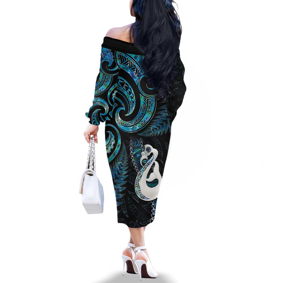 New Zealand Aotearoa Family Matching Off The Shoulder Long Sleeve Dress and Hawaiian Shirt Maori Manaia Paua Shell Glitter Turquoise