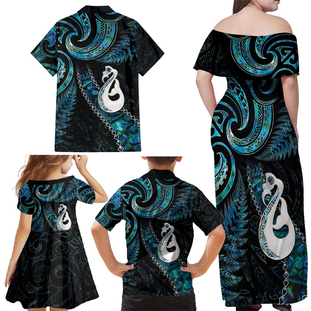 New Zealand Aotearoa Family Matching Off Shoulder Maxi Dress and Hawaiian Shirt Maori Manaia Paua Shell Glitter Turquoise