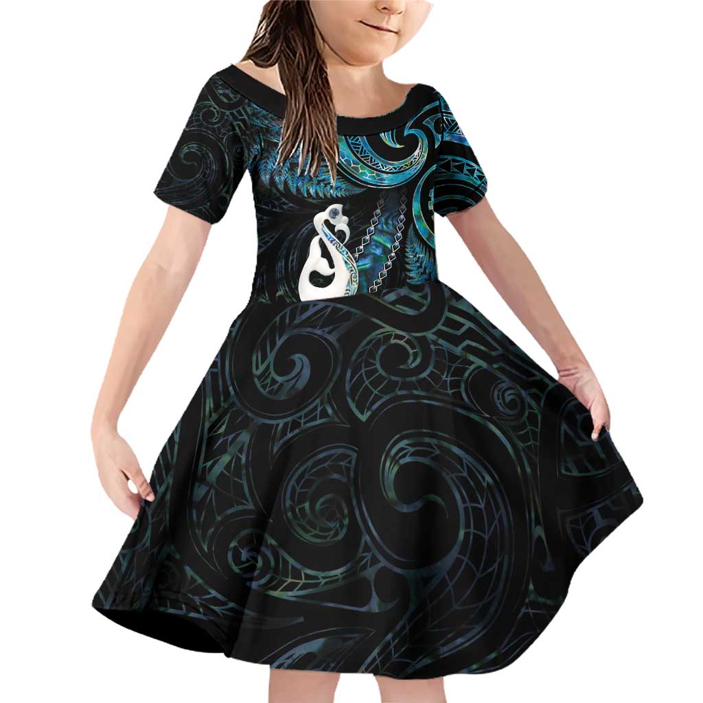 New Zealand Aotearoa Family Matching Off Shoulder Short Dress and Hawaiian Shirt Maori Manaia Paua Shell Glitter Turquoise