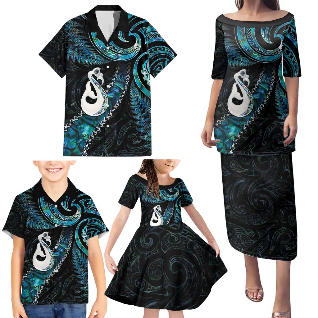 New Zealand Aotearoa Family Matching Puletasi and Hawaiian Shirt Maori Manaia Paua Shell Glitter Turquoise