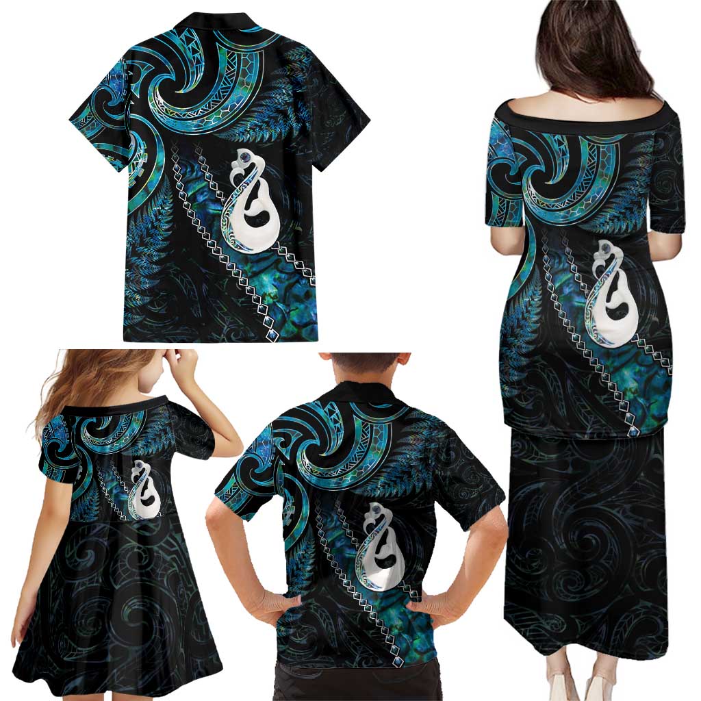 New Zealand Aotearoa Family Matching Puletasi and Hawaiian Shirt Maori Manaia Paua Shell Glitter Turquoise