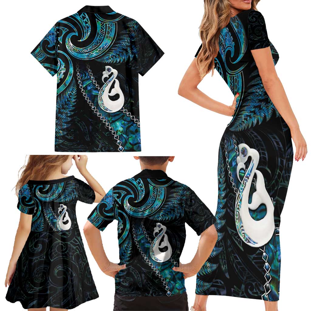 New Zealand Aotearoa Family Matching Short Sleeve Bodycon Dress and Hawaiian Shirt Maori Manaia Paua Shell Glitter Turquoise