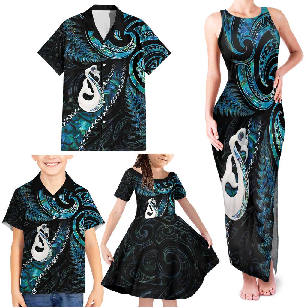 New Zealand Aotearoa Family Matching Tank Maxi Dress and Hawaiian Shirt Maori Manaia Paua Shell Glitter Turquoise