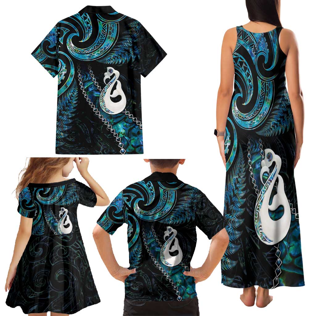 New Zealand Aotearoa Family Matching Tank Maxi Dress and Hawaiian Shirt Maori Manaia Paua Shell Glitter Turquoise