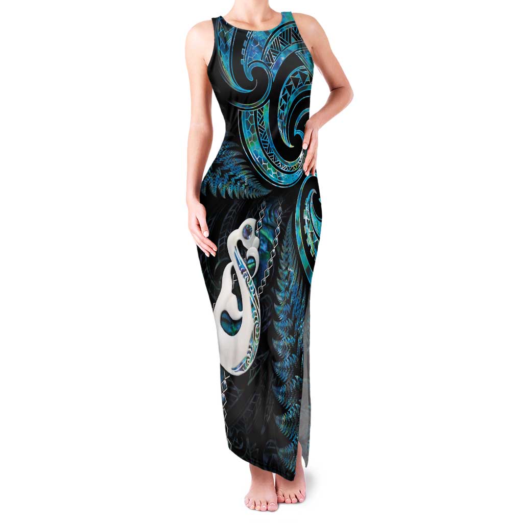 New Zealand Aotearoa Family Matching Tank Maxi Dress and Hawaiian Shirt Maori Manaia Paua Shell Glitter Turquoise