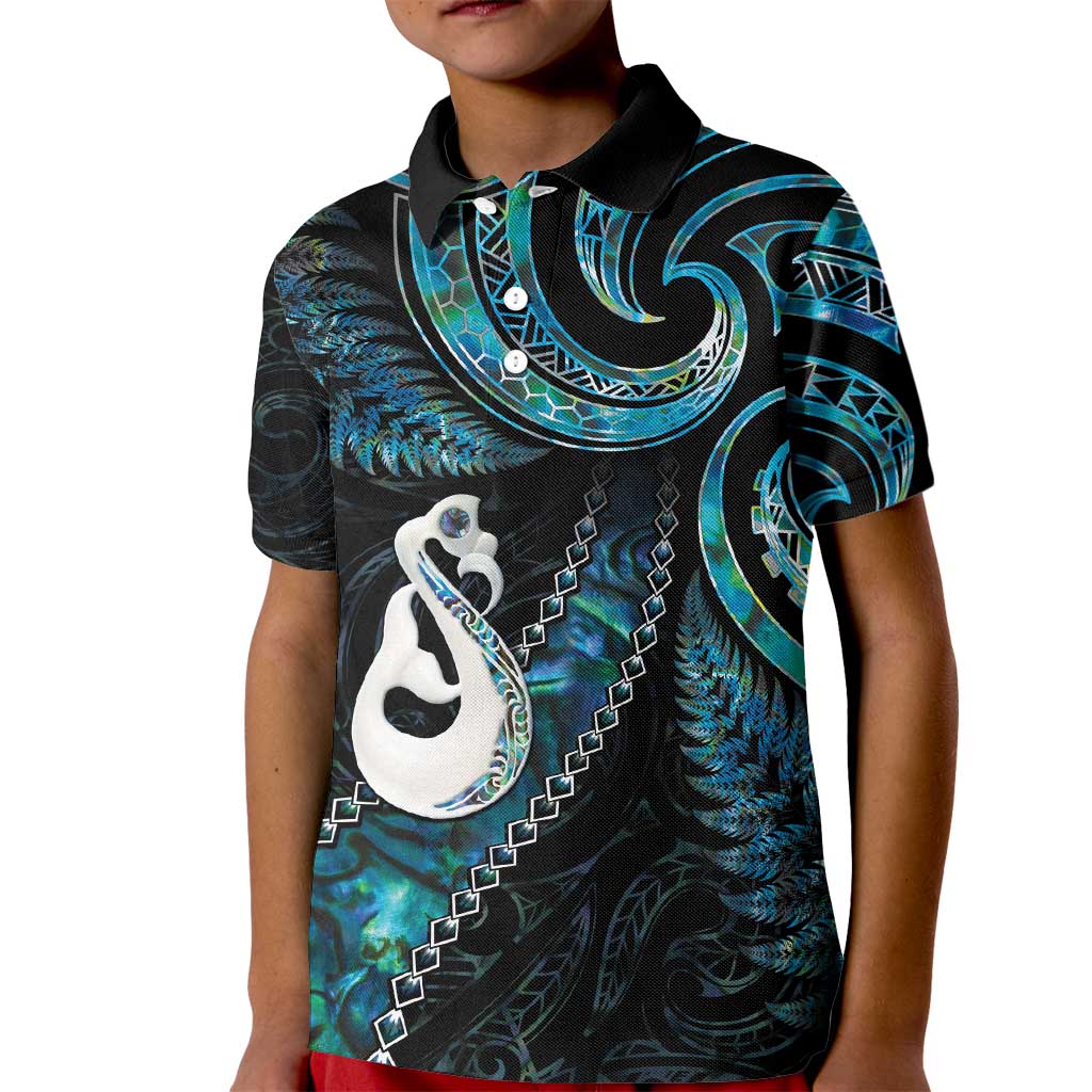 New Zealand Aotearoa Kid Polo Shirt Maori Manaia Paua Shell Glitter Turquoise LT05 - Vibe Hoodie Shop