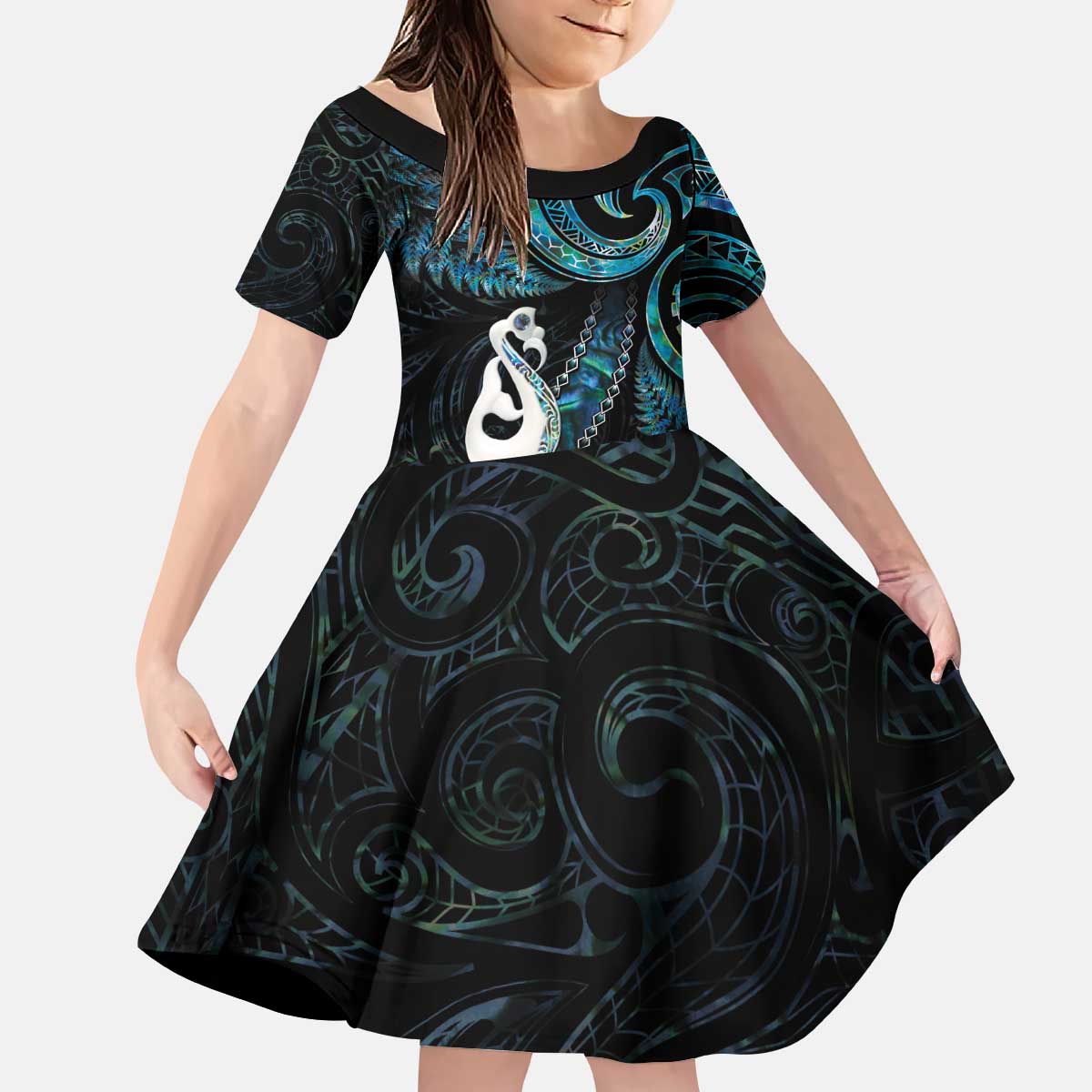 New Zealand Aotearoa Kid Short Sleeve Dress Maori Manaia Paua Shell Glitter Turquoise LT05 - Vibe Hoodie Shop