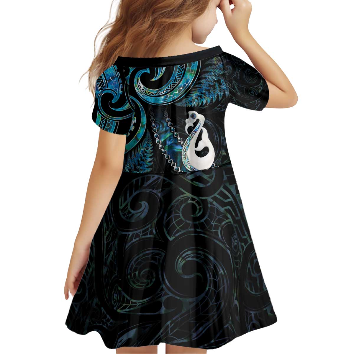 New Zealand Aotearoa Kid Short Sleeve Dress Maori Manaia Paua Shell Glitter Turquoise LT05 - Vibe Hoodie Shop