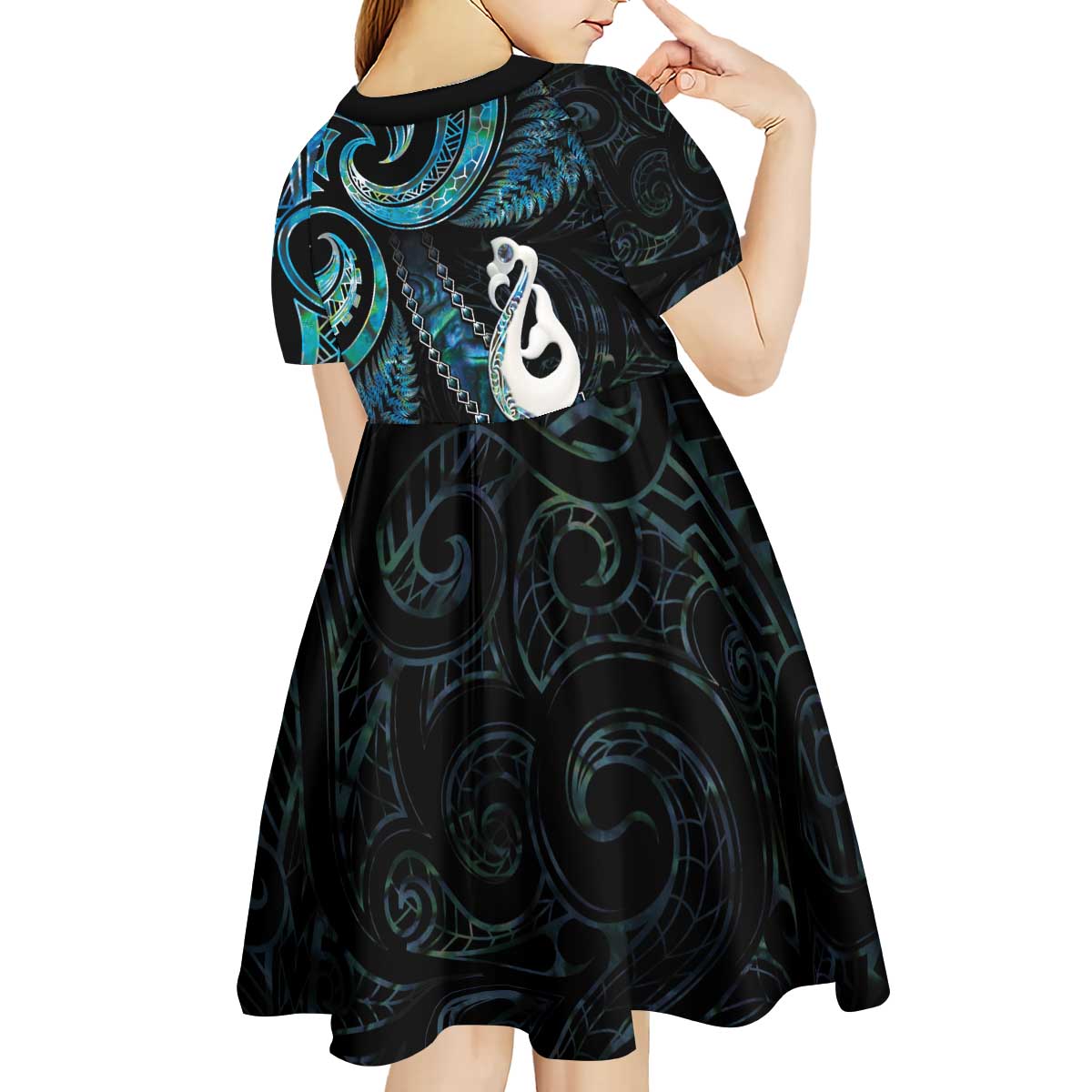 New Zealand Aotearoa Kid Short Sleeve Dress Maori Manaia Paua Shell Glitter Turquoise LT05 - Vibe Hoodie Shop