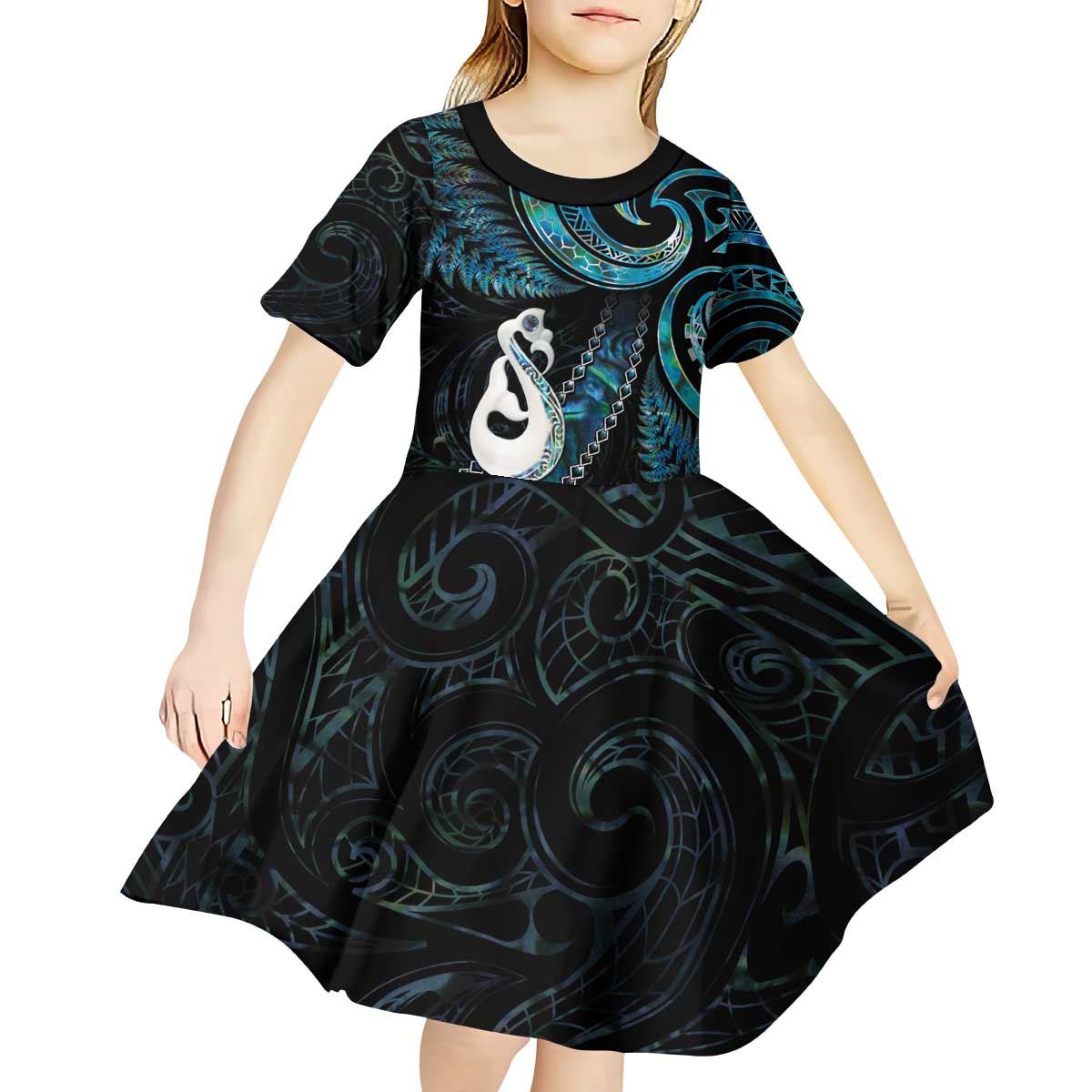 New Zealand Aotearoa Kid Short Sleeve Dress Maori Manaia Paua Shell Glitter Turquoise LT05 - Vibe Hoodie Shop