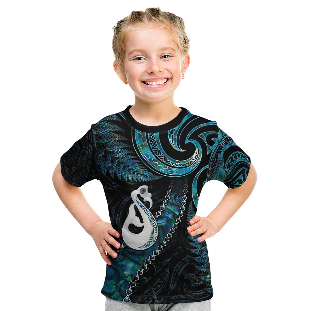 New Zealand Aotearoa Kid T Shirt Maori Manaia Paua Shell Glitter Turquoise LT05 - Vibe Hoodie Shop