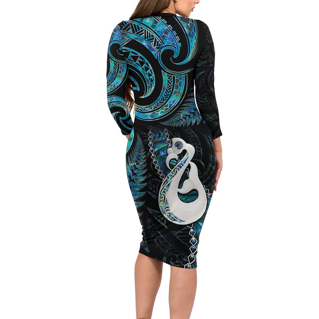 New Zealand Aotearoa Long Sleeve Bodycon Dress Maori Manaia Paua Shell Glitter Turquoise