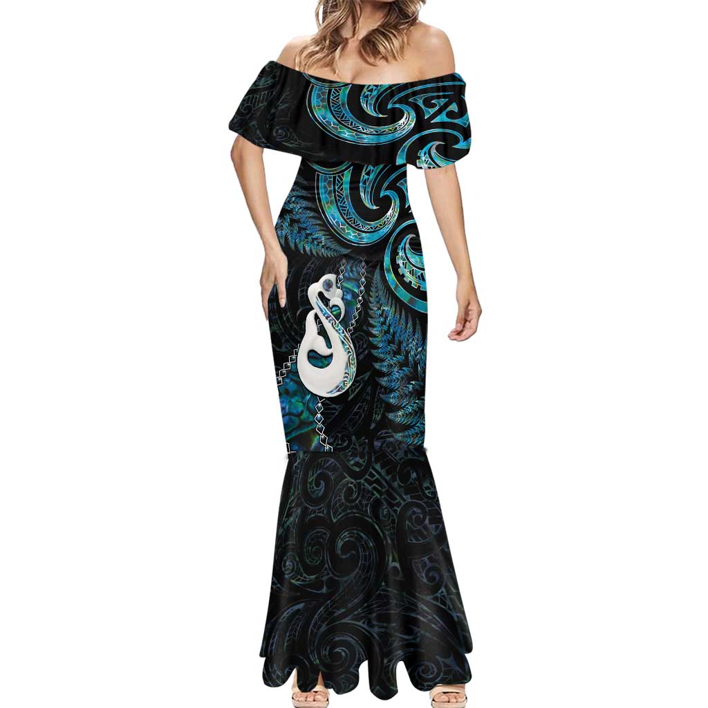 New Zealand Aotearoa Mermaid Dress Maori Manaia Paua Shell Glitter Turquoise