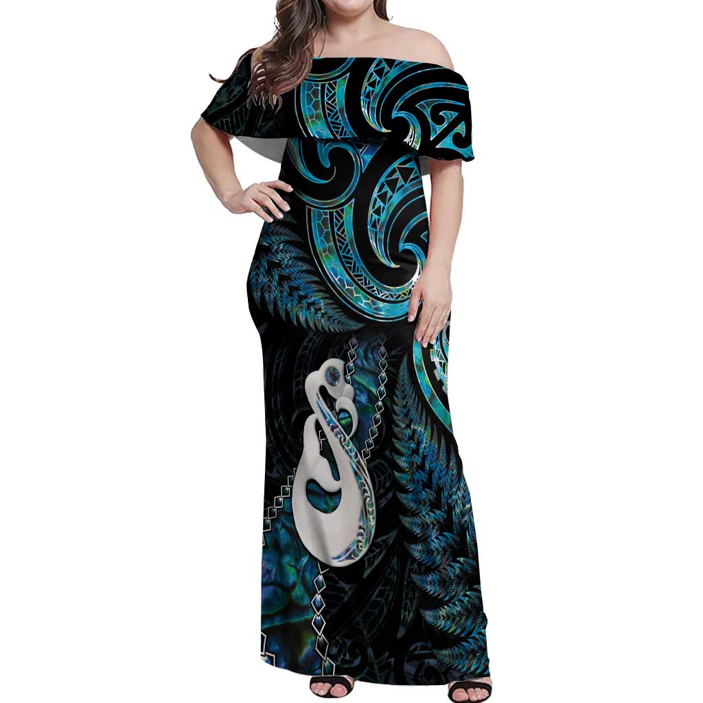 New Zealand Aotearoa Off Shoulder Maxi Dress Maori Manaia Paua Shell Glitter Turquoise