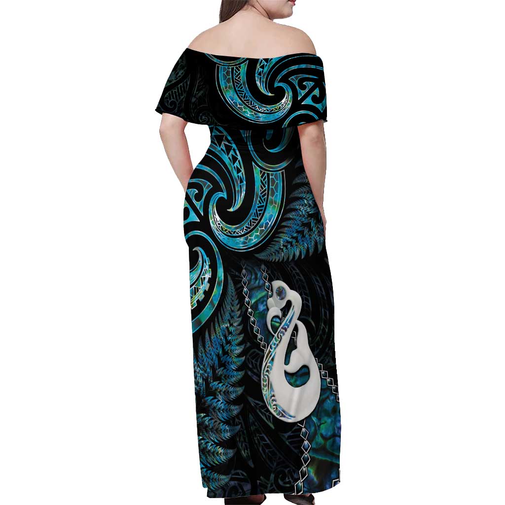 New Zealand Aotearoa Off Shoulder Maxi Dress Maori Manaia Paua Shell Glitter Turquoise