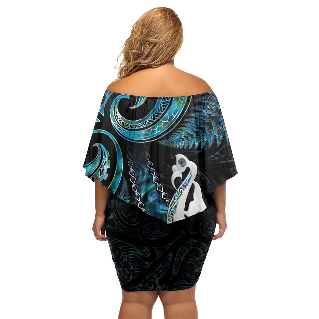 New Zealand Aotearoa Off Shoulder Short Dress Maori Manaia Paua Shell Glitter Turquoise