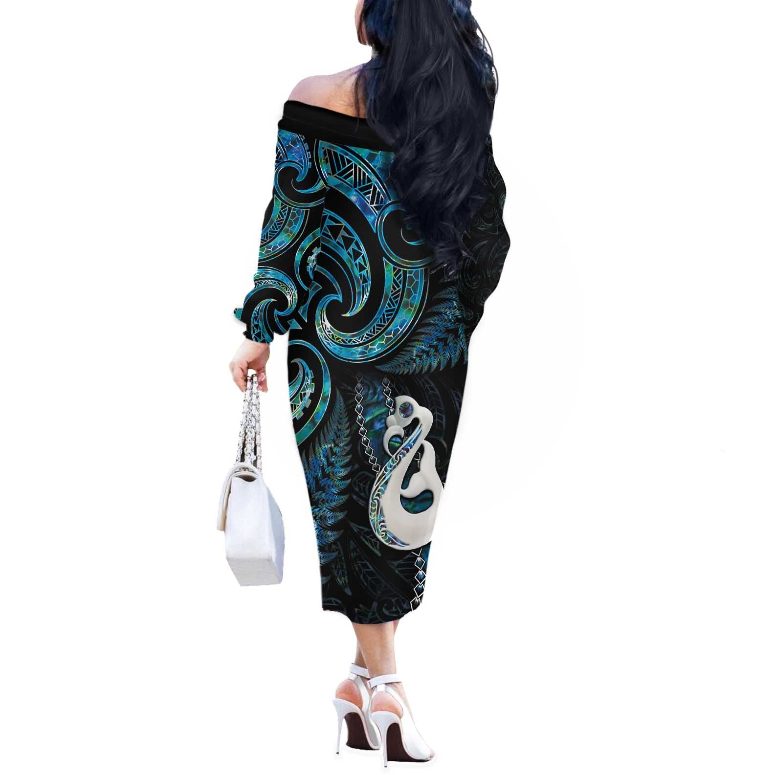 New Zealand Aotearoa Off The Shoulder Long Sleeve Dress Maori Manaia Paua Shell Glitter Turquoise