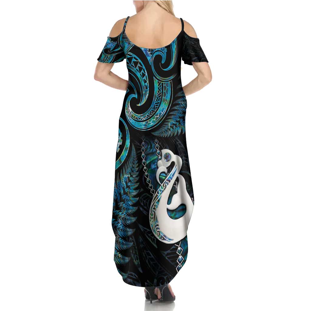 New Zealand Aotearoa Summer Maxi Dress Maori Manaia Paua Shell Glitter Turquoise