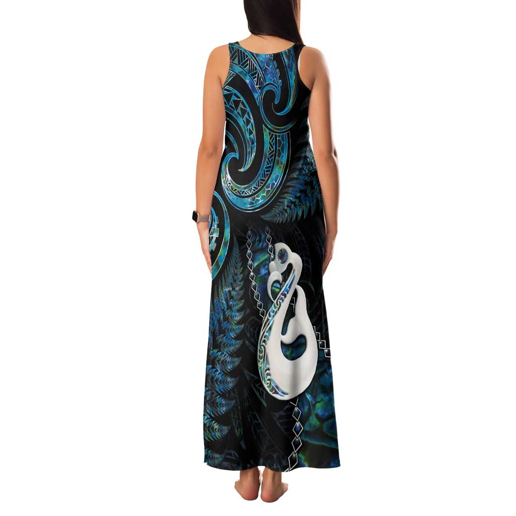 New Zealand Aotearoa Tank Maxi Dress Maori Manaia Paua Shell Glitter Turquoise