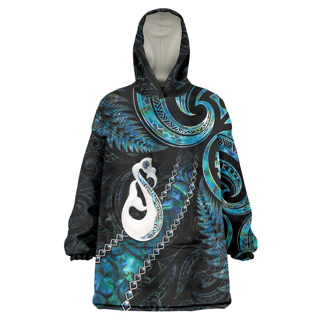 New Zealand Aotearoa Wearable Blanket Hoodie Maori Manaia Paua Shell Glitter Turquoise LT05 - Vibe Hoodie Shop