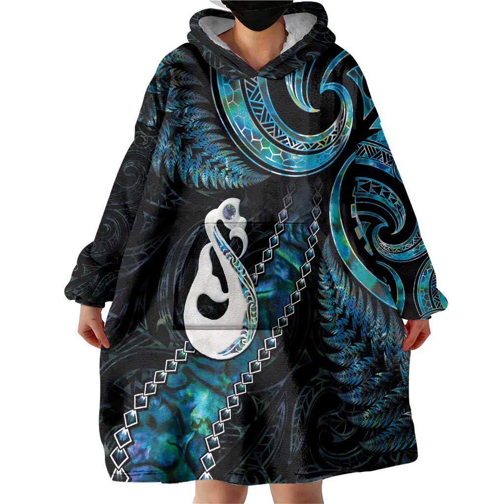 New Zealand Aotearoa Wearable Blanket Hoodie Maori Manaia Paua Shell Glitter Turquoise LT05 - Vibe Hoodie Shop