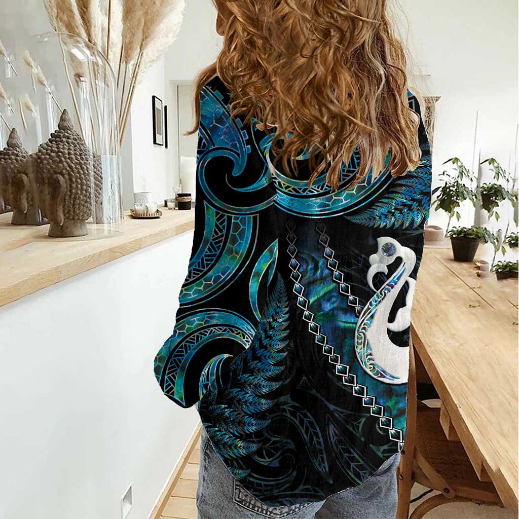 New Zealand Aotearoa Women Casual Shirt Maori Manaia Paua Shell Glitter Turquoise LT05 - Vibe Hoodie Shop