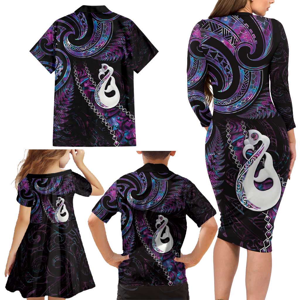 New Zealand Aotearoa Family Matching Long Sleeve Bodycon Dress and Hawaiian Shirt Maori Manaia Paua Shell Glitter Purple