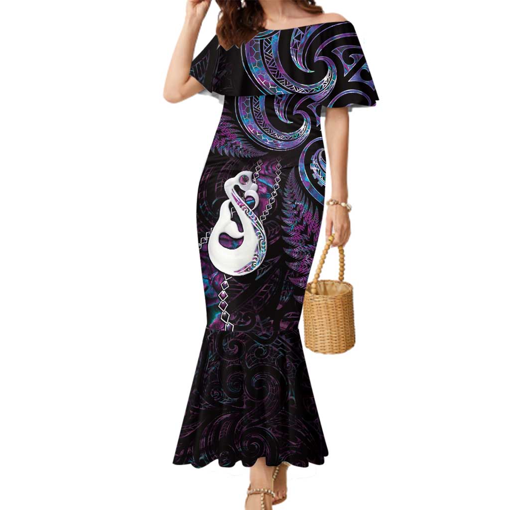 New Zealand Aotearoa Family Matching Mermaid Dress and Hawaiian Shirt Maori Manaia Paua Shell Glitter Purple