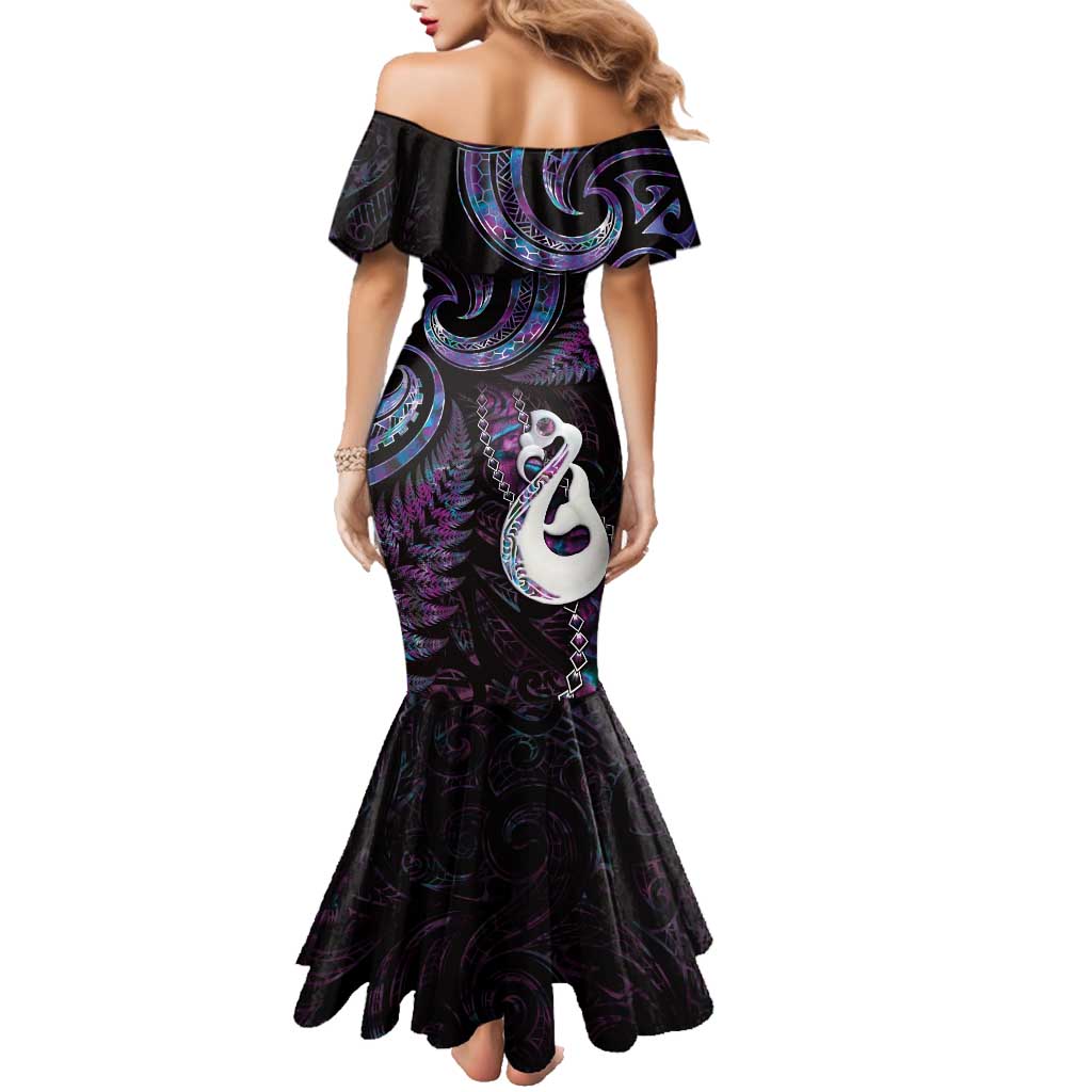 New Zealand Aotearoa Family Matching Mermaid Dress and Hawaiian Shirt Maori Manaia Paua Shell Glitter Purple