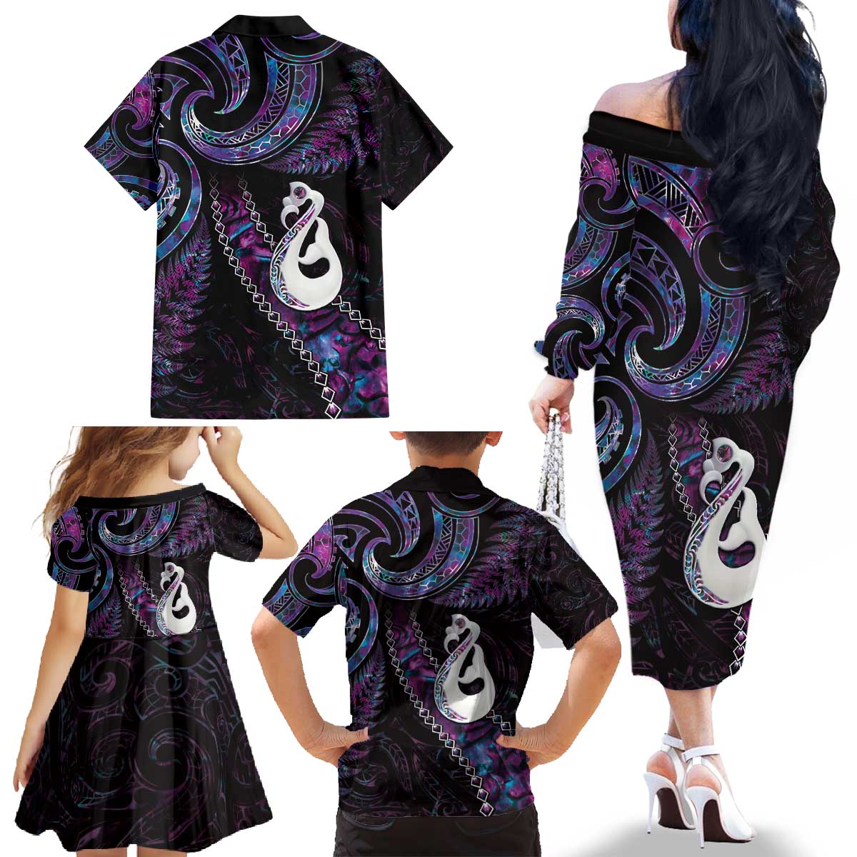 New Zealand Aotearoa Family Matching Off The Shoulder Long Sleeve Dress and Hawaiian Shirt Maori Manaia Paua Shell Glitter Purple