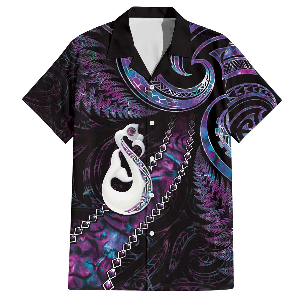 New Zealand Aotearoa Family Matching Off The Shoulder Long Sleeve Dress and Hawaiian Shirt Maori Manaia Paua Shell Glitter Purple