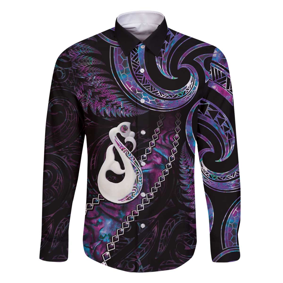 New Zealand Aotearoa Family Matching Off The Shoulder Long Sleeve Dress and Hawaiian Shirt Maori Manaia Paua Shell Glitter Purple