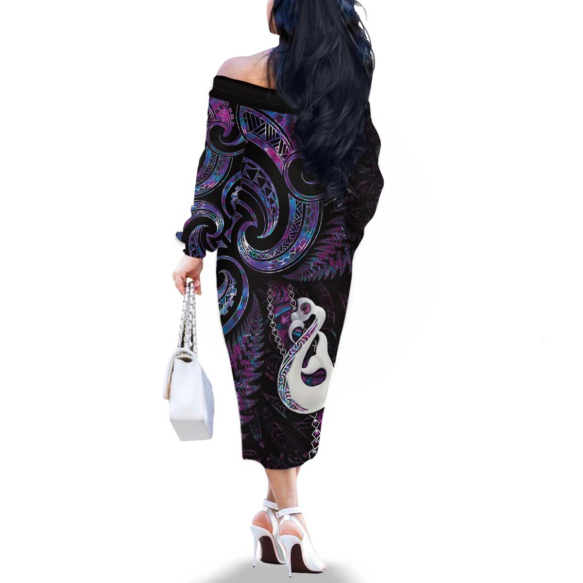 New Zealand Aotearoa Family Matching Off The Shoulder Long Sleeve Dress and Hawaiian Shirt Maori Manaia Paua Shell Glitter Purple