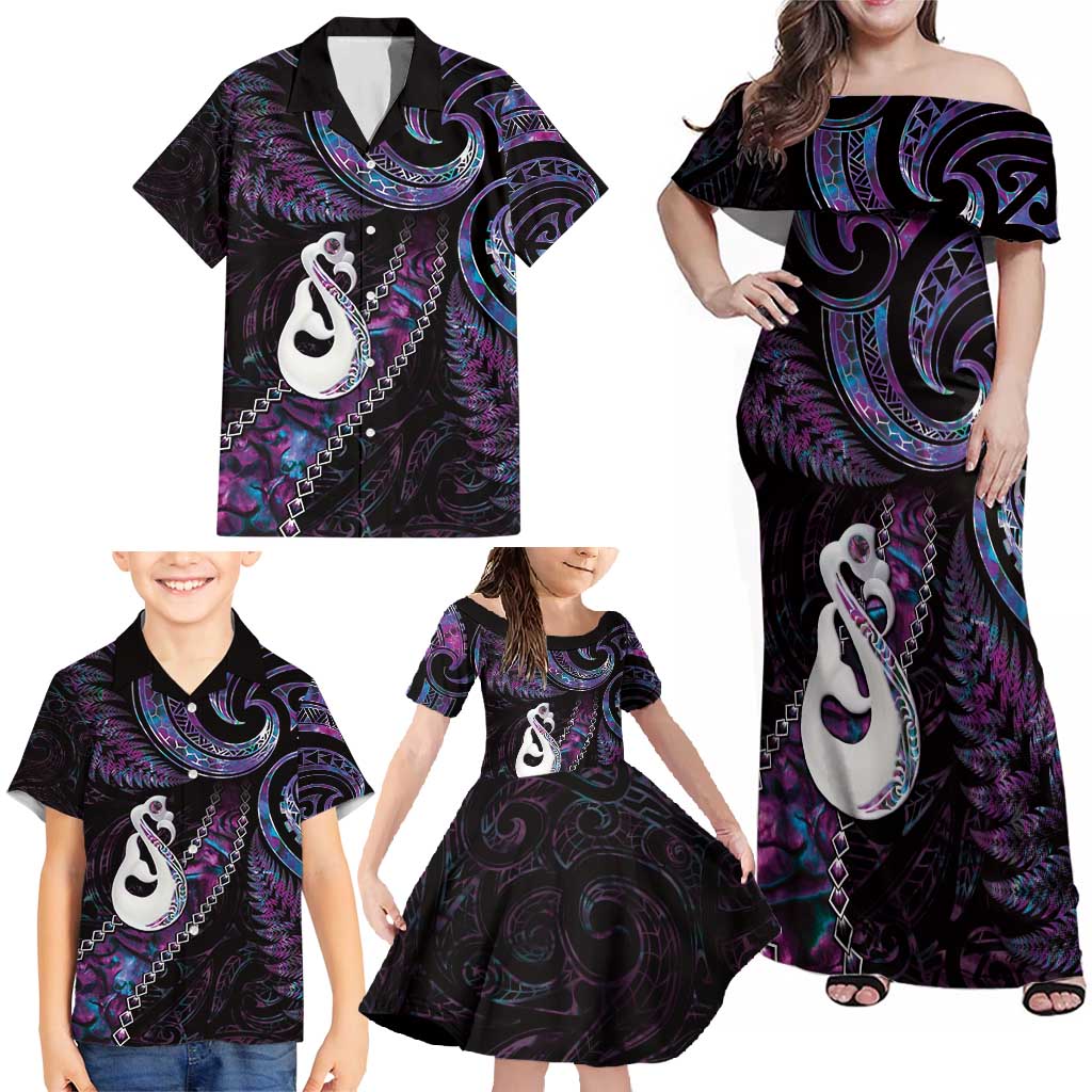 New Zealand Aotearoa Family Matching Off Shoulder Maxi Dress and Hawaiian Shirt Maori Manaia Paua Shell Glitter Purple