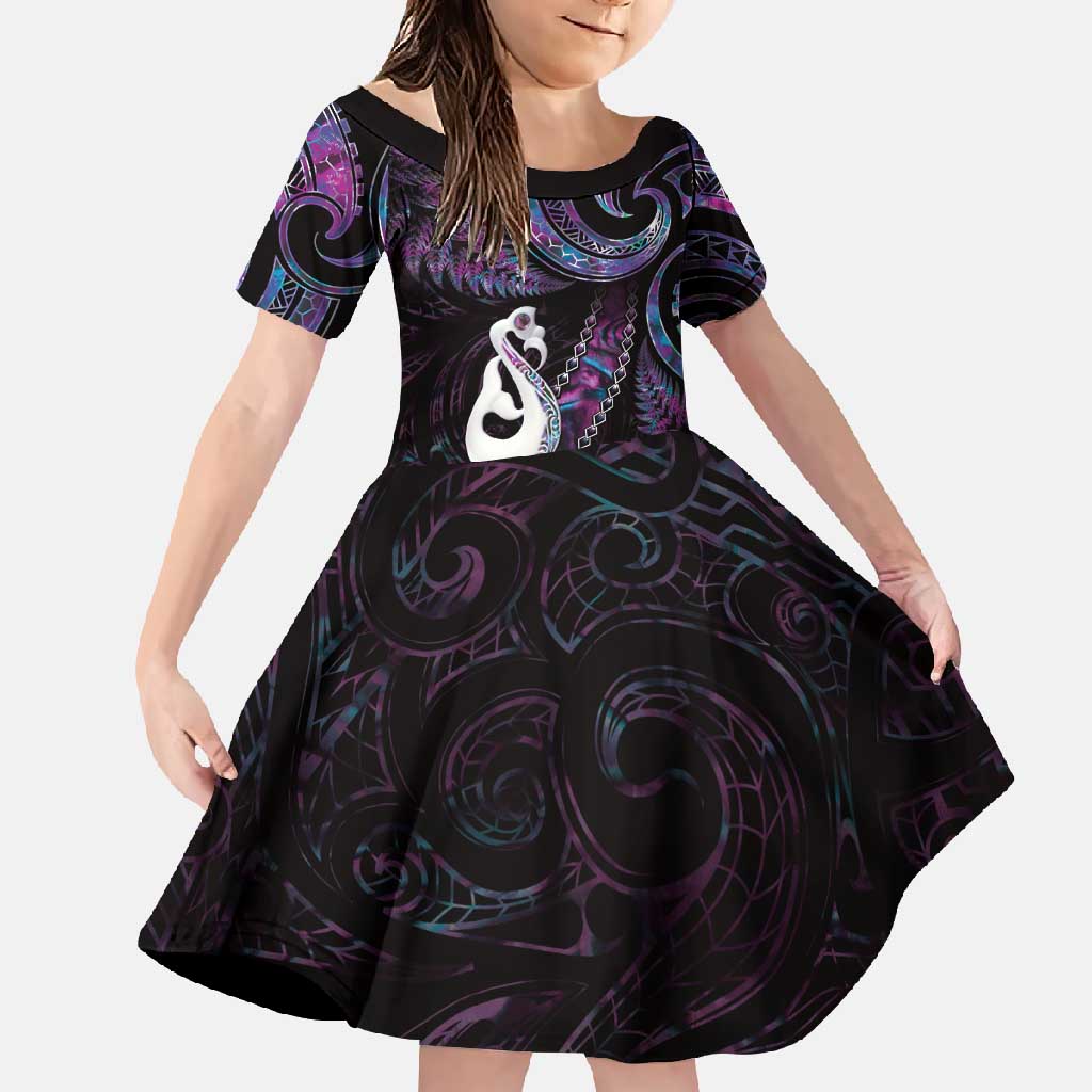 New Zealand Aotearoa Family Matching Off Shoulder Maxi Dress and Hawaiian Shirt Maori Manaia Paua Shell Glitter Purple