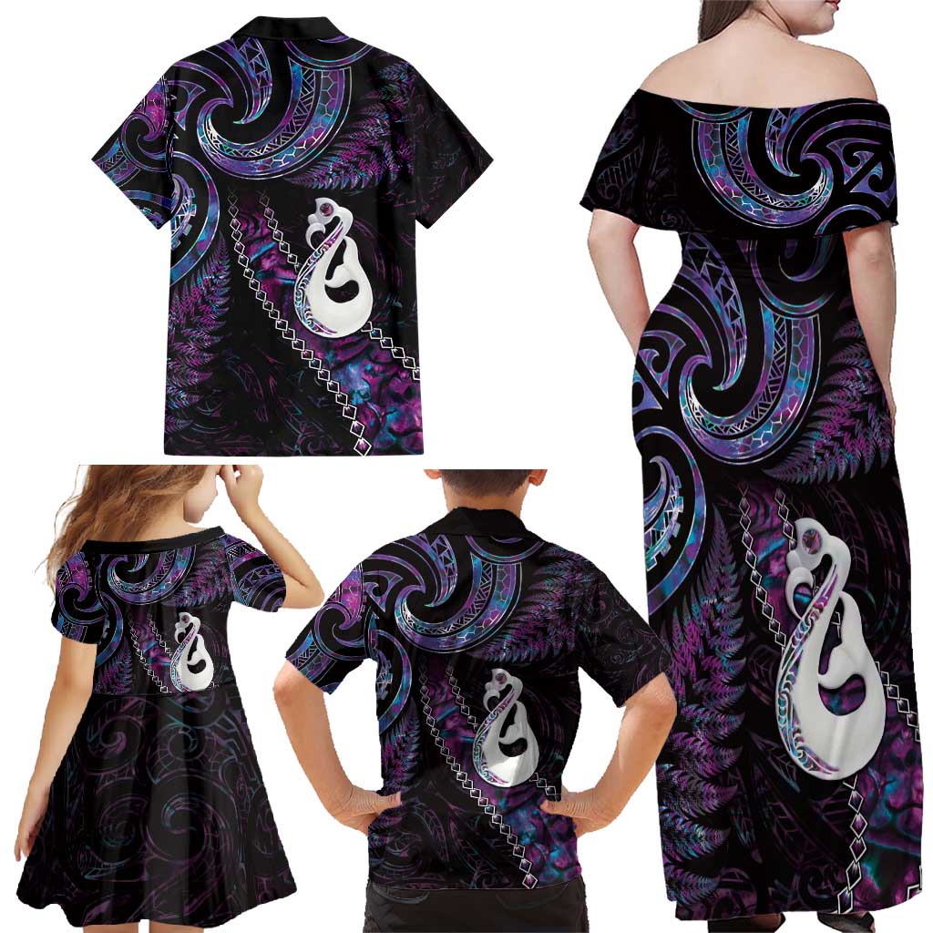 New Zealand Aotearoa Family Matching Off Shoulder Maxi Dress and Hawaiian Shirt Maori Manaia Paua Shell Glitter Purple