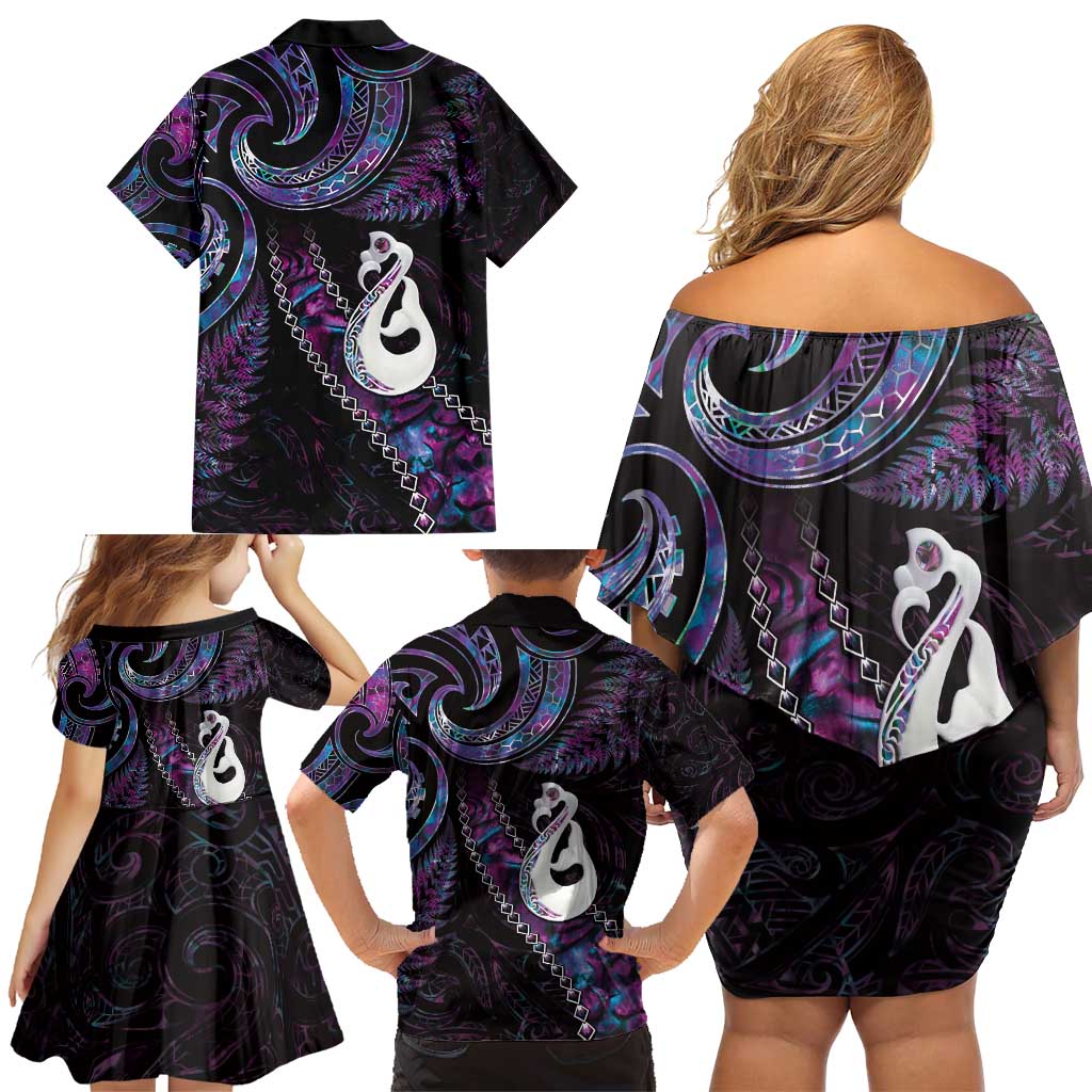 New Zealand Aotearoa Family Matching Off Shoulder Short Dress and Hawaiian Shirt Maori Manaia Paua Shell Glitter Purple