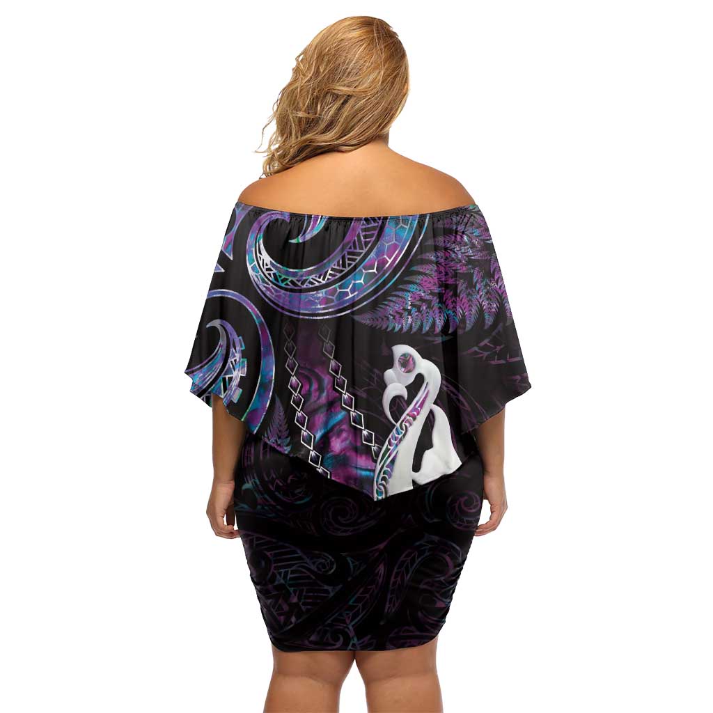 New Zealand Aotearoa Family Matching Off Shoulder Short Dress and Hawaiian Shirt Maori Manaia Paua Shell Glitter Purple