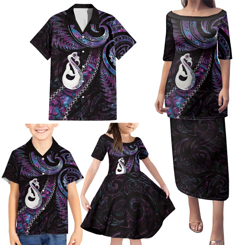 New Zealand Aotearoa Family Matching Puletasi and Hawaiian Shirt Maori Manaia Paua Shell Glitter Purple