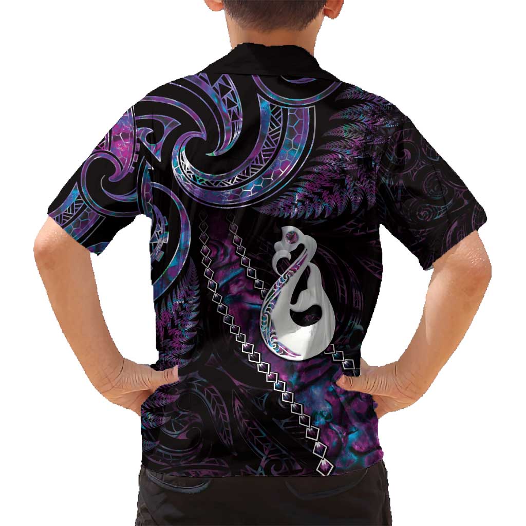 New Zealand Aotearoa Family Matching Puletasi and Hawaiian Shirt Maori Manaia Paua Shell Glitter Purple