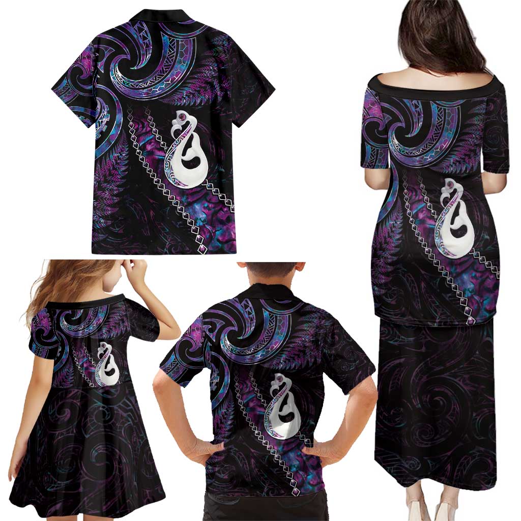 New Zealand Aotearoa Family Matching Puletasi and Hawaiian Shirt Maori Manaia Paua Shell Glitter Purple