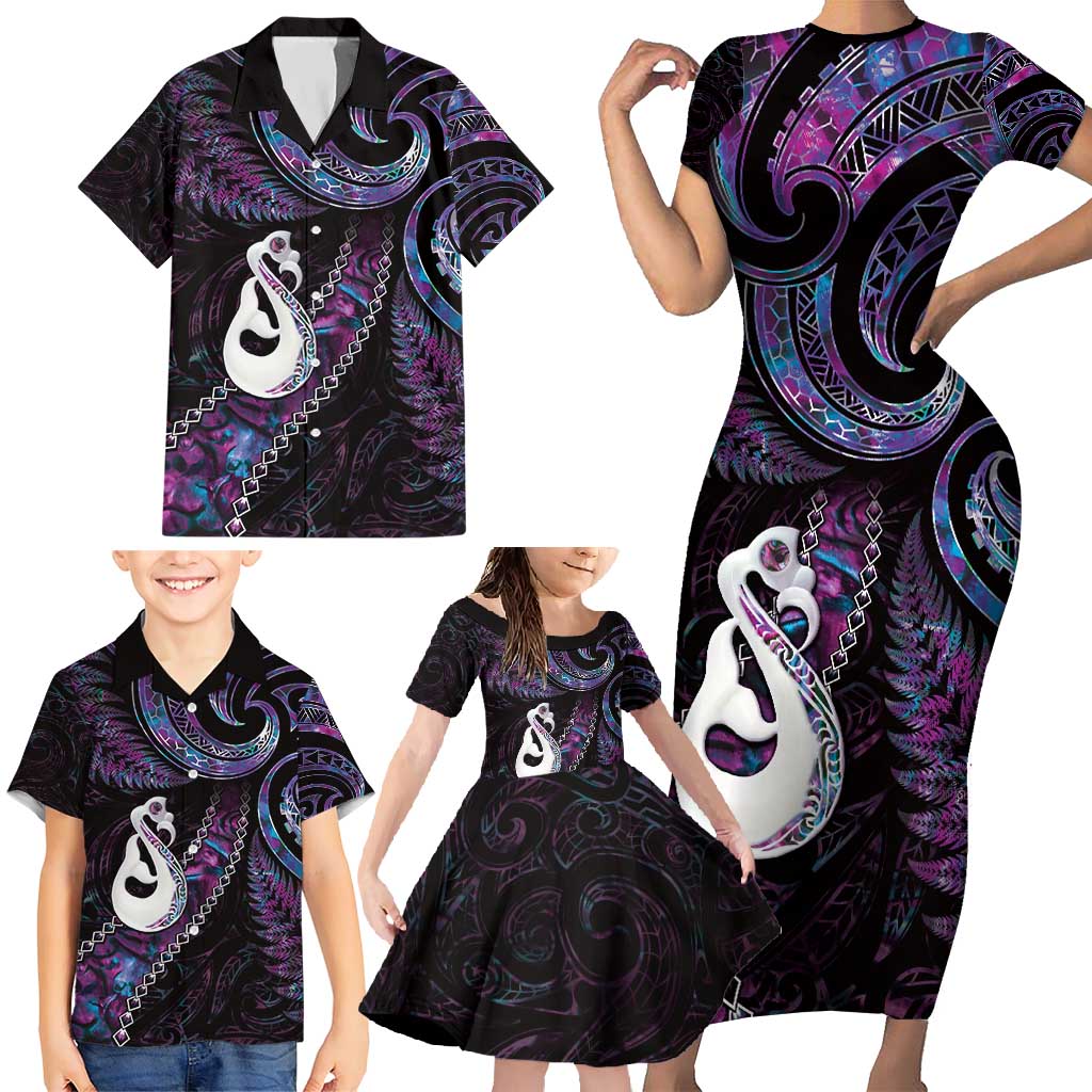 New Zealand Aotearoa Family Matching Short Sleeve Bodycon Dress and Hawaiian Shirt Maori Manaia Paua Shell Glitter Purple