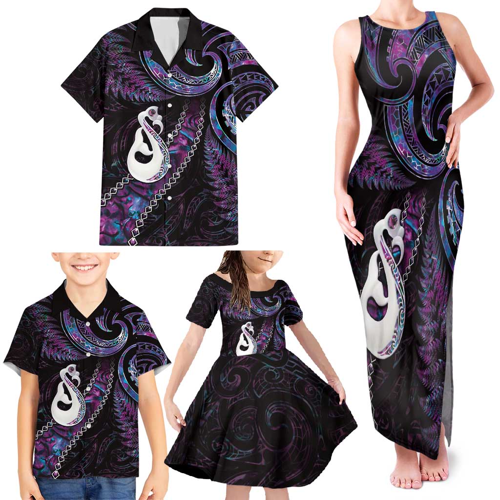 New Zealand Aotearoa Family Matching Tank Maxi Dress and Hawaiian Shirt Maori Manaia Paua Shell Glitter Purple