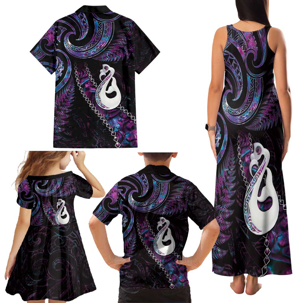 New Zealand Aotearoa Family Matching Tank Maxi Dress and Hawaiian Shirt Maori Manaia Paua Shell Glitter Purple