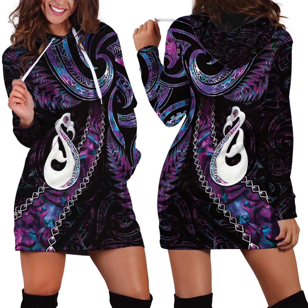 New Zealand Aotearoa Hoodie Dress Maori Manaia Paua Shell Glitter Purple LT05 - Vibe Hoodie Shop