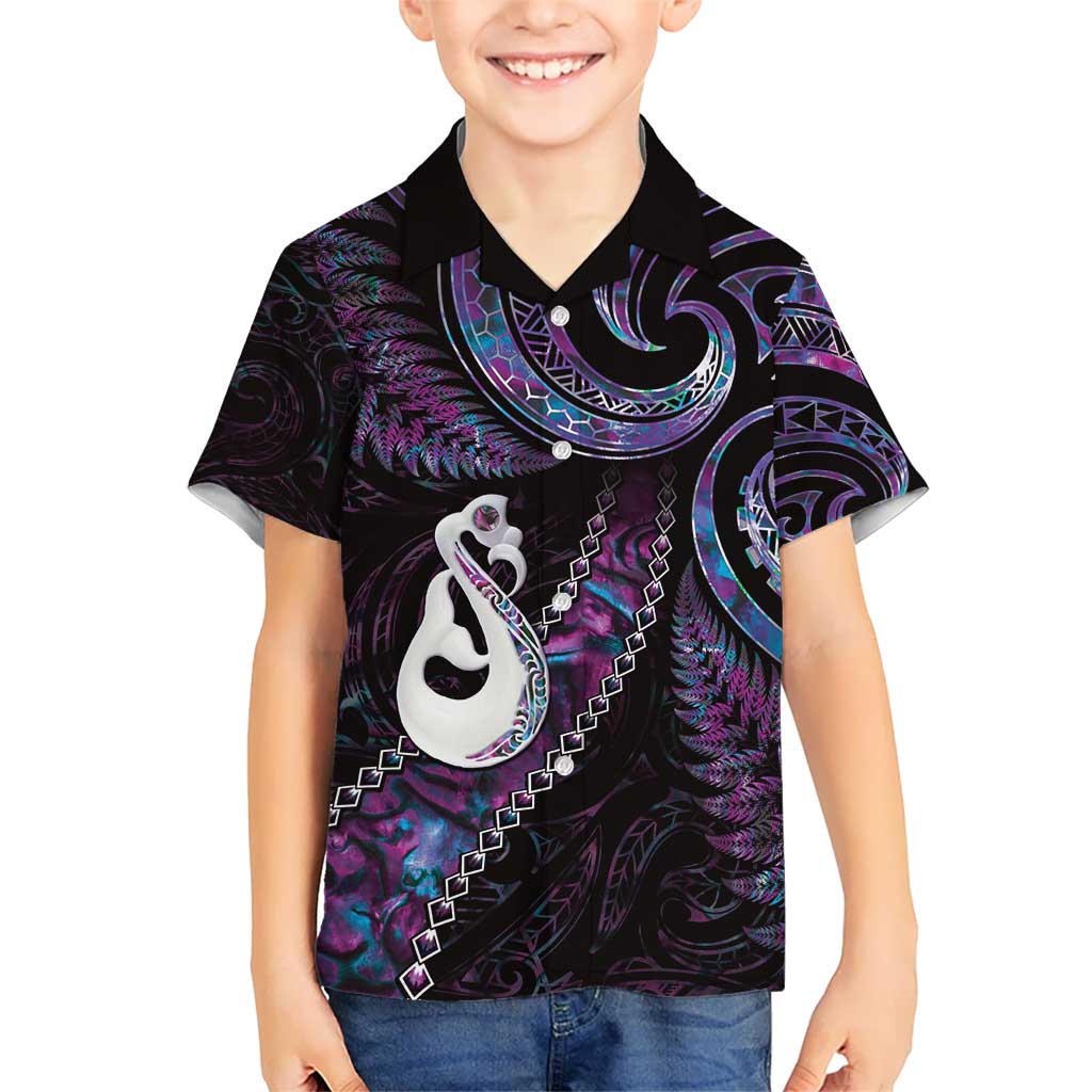 New Zealand Aotearoa Kid Hawaiian Shirt Maori Manaia Paua Shell Glitter Purple