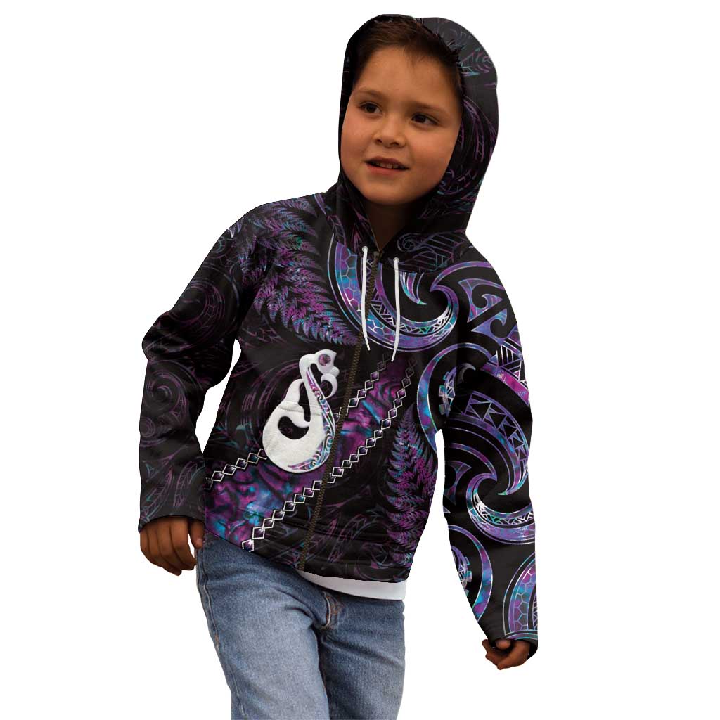 New Zealand Aotearoa Kid Hoodie Maori Manaia Paua Shell Glitter Purple LT05 - Vibe Hoodie Shop