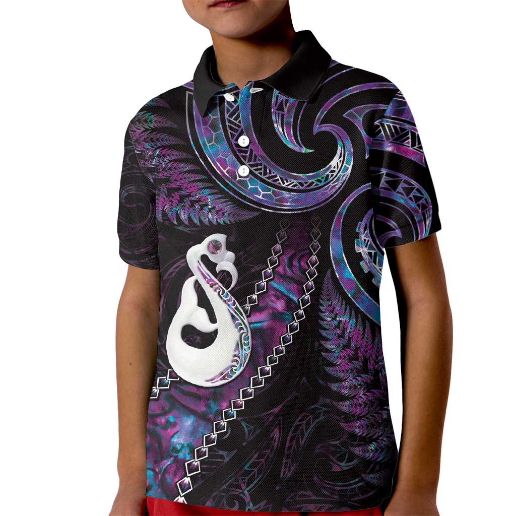 New Zealand Aotearoa Kid Polo Shirt Maori Manaia Paua Shell Glitter Purple LT05 - Vibe Hoodie Shop