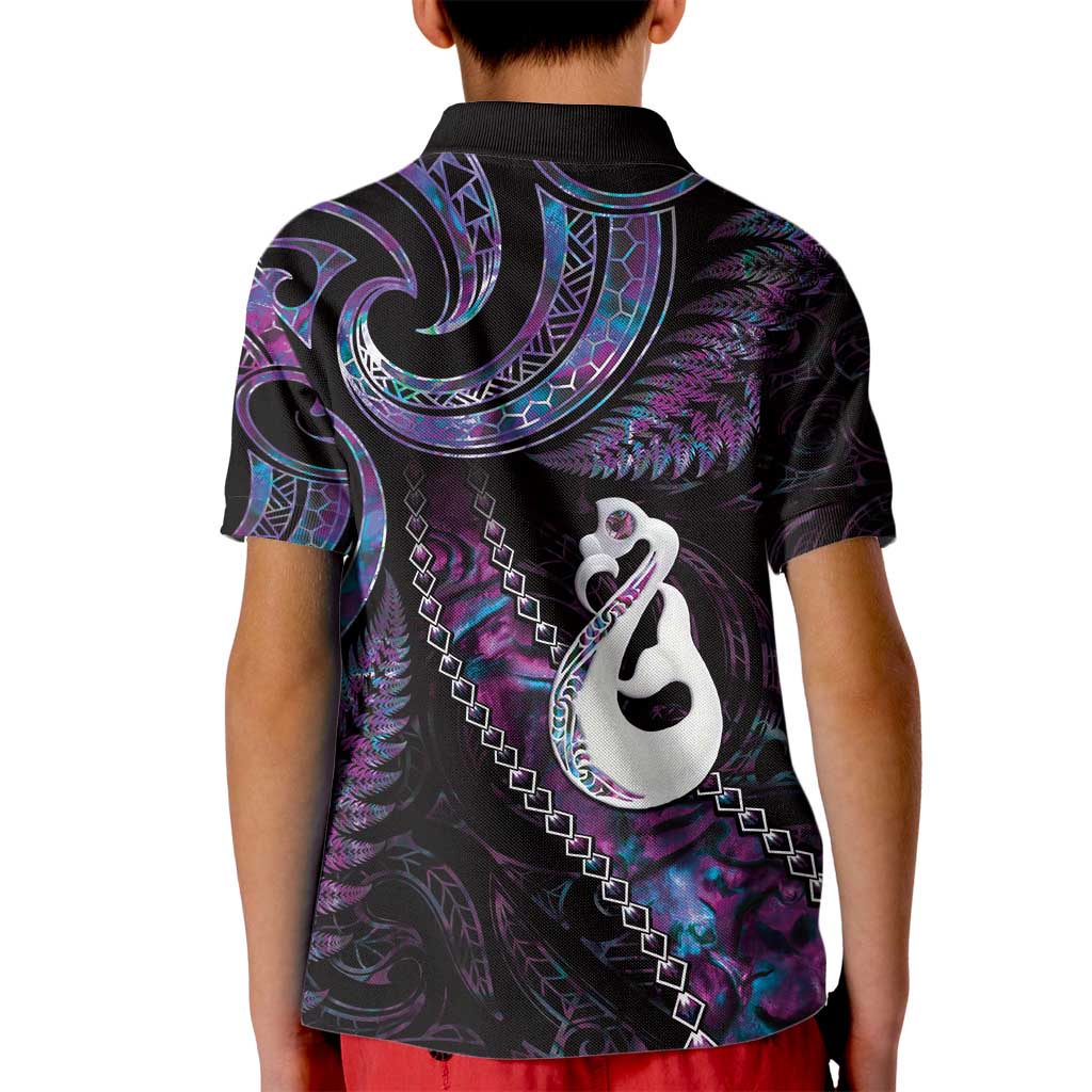 New Zealand Aotearoa Kid Polo Shirt Maori Manaia Paua Shell Glitter Purple LT05 - Vibe Hoodie Shop